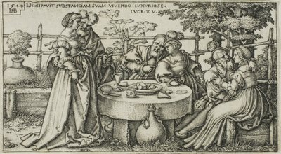 El hijo pródigo desperdiciando su fortuna, placa dos de La historia del hijo pródigo de Hans Sebald Beham