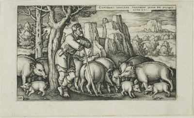 El hijo pródigo con los cerdos, lámina tres de La historia del hijo pródigo de Hans Sebald Beham