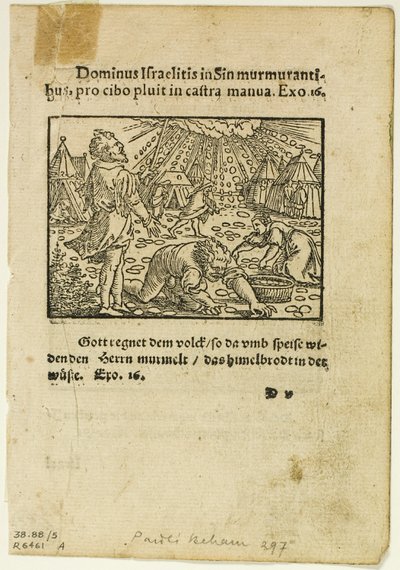 La lluvia de maná de Biblische Historien Künstlich fürgemalt, lámina cinco de Xilografías de libros del siglo XVI de Hans Sebald Beham
