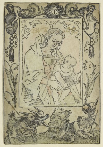 La Virgen y el Niño rodeados por un Borde con un Cazador y algunos Conejos de Hans Sebald Beham