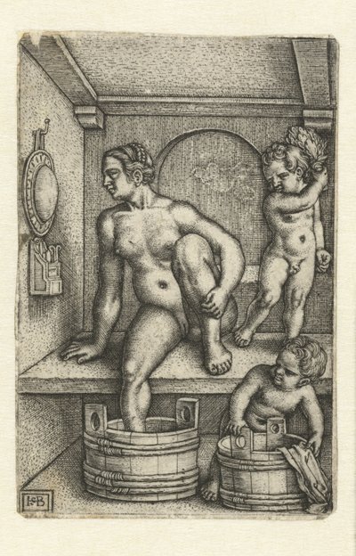 mujer con dos niños en el baño de Hans Sebald Beham