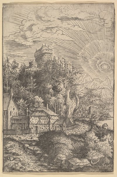 Paisaje con un castillo encaramado en una roca, 1553 de Hans Sebald Lautensack