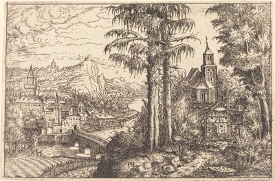 Vista de una ciudad cerca de un río con una iglesia a la derecha, 1553 de Hans Sebald Lautensack