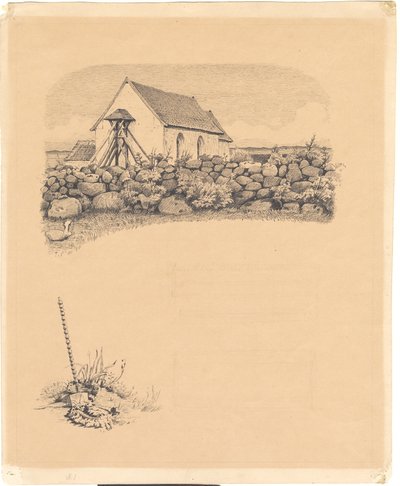 Ilustración para St. St. Blicher: "Mowns". F.o.: iglesia detrás de un muro de piedra; f.n.: tumba (?) con pala de Hans Smidth