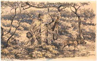 Cazador furtivo con perro en el bosque de Hans Smidth