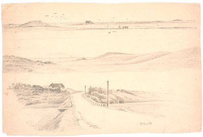 Hoja de estudio con tres paisajes de Jutlandia. Arriba: paisaje con campo arado; medio: paisaje con altas colinas; abajo: paisaje con casa y camino de Hans Smidth