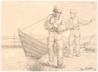 Dos pescadores del Limfjord tirando de un bote de Hans Smidth