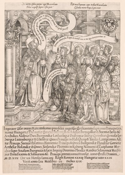 Maximiliano presentado por sus santos patronos al Todopoderoso de Hans Springinklee
