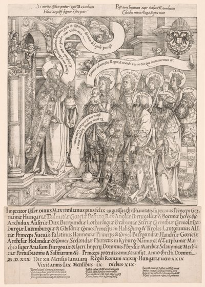 Maximiliano presentado por sus santos patronos al Todopoderoso, 1519 de Hans Springinklee