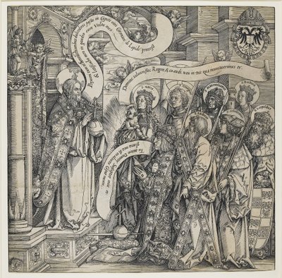 Maximiliano presentado por sus santos patronos al Todopoderoso, 1519 de Hans Springinklee
