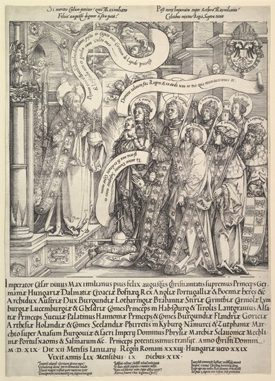 Maximiliano Presentado por sus Santos Patronos al Todopoderoso, 1519. de Hans Springinklee