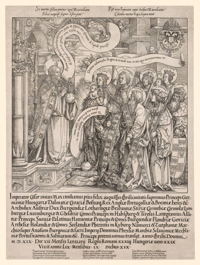 El emperador Maximiliano presentado por sus santos patronos al Todopoderoso, 1519 de Hans Springinklee