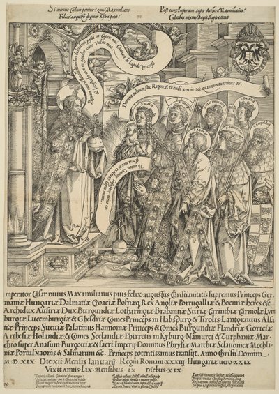 El Emperador Maximiliano Presentado a Cristo por Sus Santos Patronos de Hans Springinklee