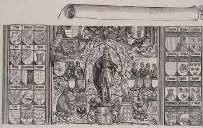 La parte superior de la genealogía de Maximiliano, con el borde derecho del pergamino, 1515 de Hans Springinklee