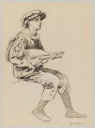 Niño con traje renacentista tocando el laúd de Hans Thoma