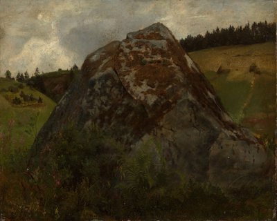 Bloque de roca en un valle cubierto de prados de Hans Thoma