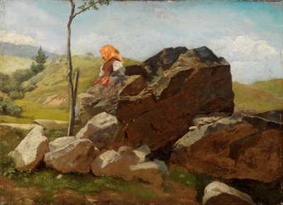 Bloques de roca con una muchacha del campo sentada de Hans Thoma
