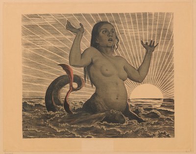 Nereida con los brazos en alto, con el sol naciente de fondo de Hans Thoma