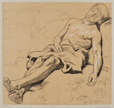 Pastor semidesnudo con taparrabos de cuero, dormido en un prado de Hans Thoma