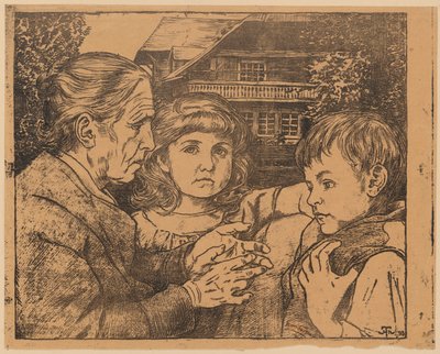 Una anciana contando cuentos a dos niños frente a una casa de la Selva Negra de Hans Thoma