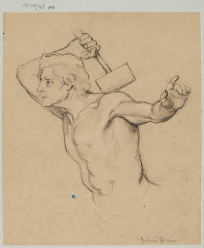Estudio de un hombre desnudo, representado hasta la cintura, levantando un martillo de Hans Thoma