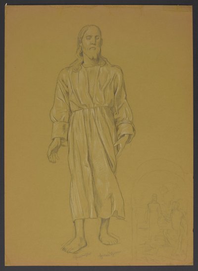 Studie der Gestalt Christi, daneben, unten, Skizze zum Gemälde "Taufe Christi" de Hans Thoma