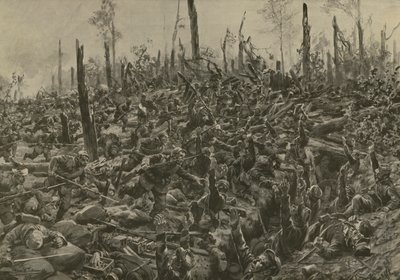 Ataque alemán a los blocaos y trincheras francesas en el Bois-le-Pretre tras el bombardeo de artillería del 5 de julio de 1915 (litografía) de Hans W. (after) Schmidt