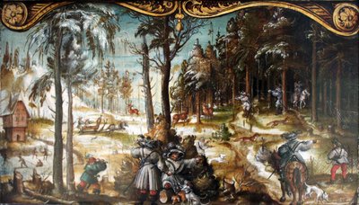 Alemán: Dos paneles de una serie de imágenes de la vida en el campo: Zorro y ciervo cazando en invierno Zorro y ciervo cazando en invierno de Hans Wertinger