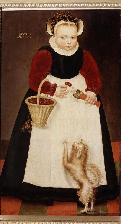 "Retrato de una joven con una cesta de cerezas y una muñequita Lleva un collar de fresas Pintura de Hans Bock el Viejo (ca. 1550-1623) 1584 Museo Pushkin, Moscú de Hans the Elder Bock