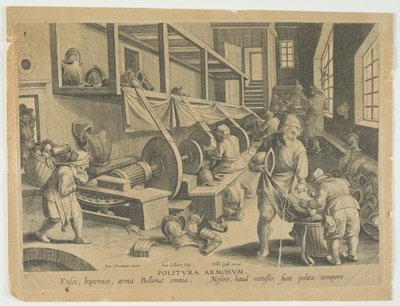 Politura Armorum, Pulido de armas, lámina 17 de la serie Nova Reperta, Descubrimientos Modernos, c.1588 de Hans the younger Collaert
