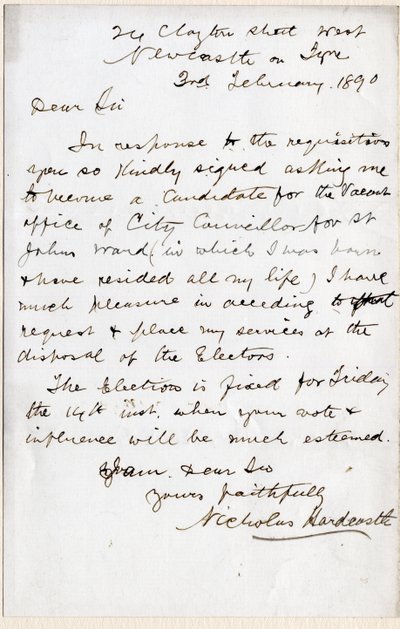 Carta de Nicholas Hardcastle aceptando la invitación para ser concejal de la ciudad para el distrito de St John