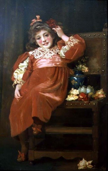 Retrato de cuerpo entero de una joven bonita en un vestido rojo, reclinada en una silla de Hariette Sutcliffe