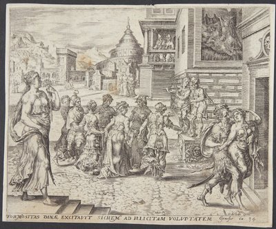 Dina saliendo y seducida por Siquem de Harmen Jansz. Muller