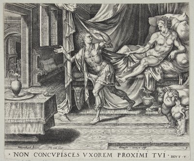 José huyendo de la esposa de Potifar de Harmen Jansz. Muller