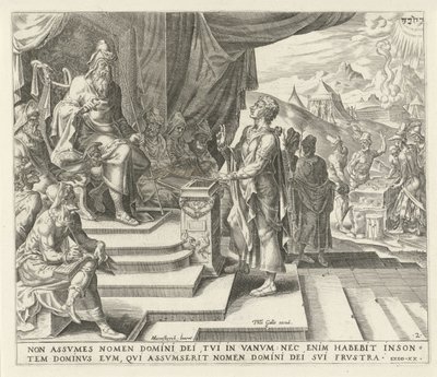 En la corte un hombre jura por Dios No tomarás el nombre de Jehová tu Dios en vano Los Diez Mandamientos (título de la serie) de Harmen Jansz Muller