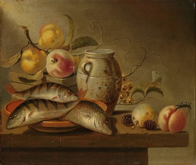 Bodegón con jarra de barro, pescado y fruta de Harmen Steenwijck