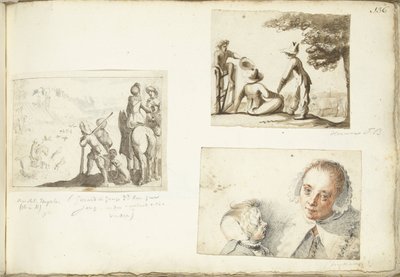 Cazadores con halcones, pastorcitos y esposa e hijo de Harmen ter Borch