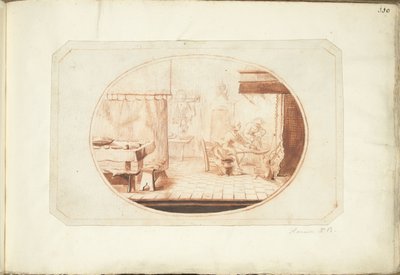 Interior de cocina con dos mujeres y un gato, en óvalo. de Harmen ter Borch