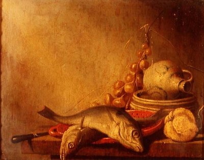 Una sartén de pescado, una jarra de gres, cebollas y frutas de Harmen van Steenwyck