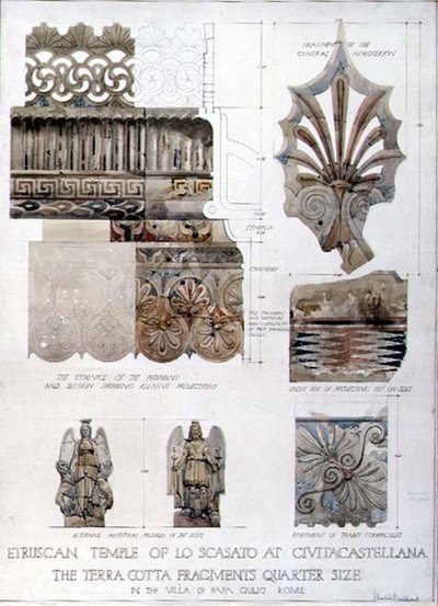 Estudios de fragmentos del templo etrusco de Lo Scasato en Civitacastellana y de la Villa di Papa Giulio en Roma, c.1910 de Harold Chalton Bradshaw
