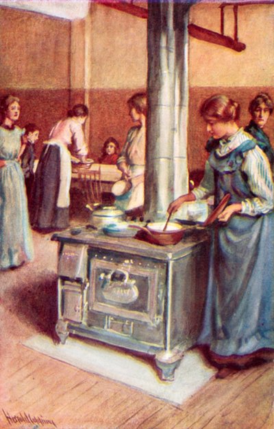 Un grupo de amas de casa ocupadas, la cocina del Salón de Inmigración de Winnipeg de Harold Copping