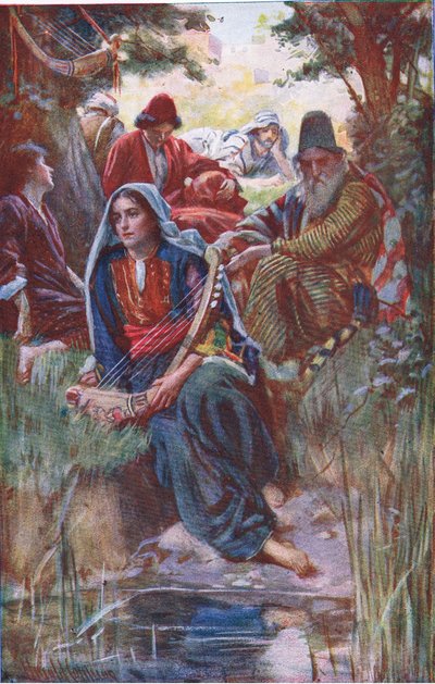 Junto a los ríos de Babilonia, ilustración de Imágenes que Enseñan La Serie de la Corona, 1920 de Harold Copping