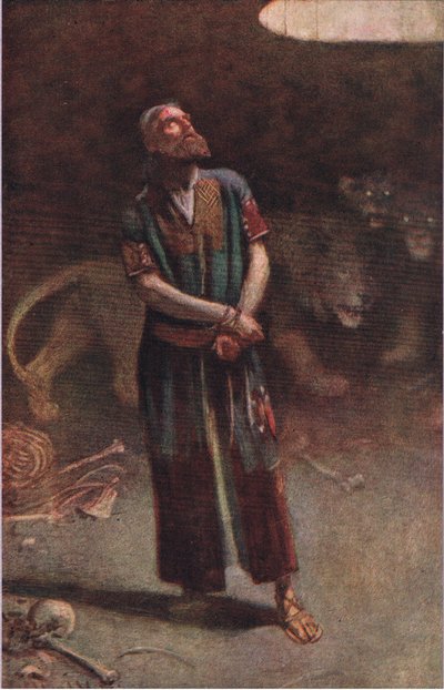 Daniel en el foso de los leones, ilustración de Pictures That Teach The Crown Series, 1920 de Harold Copping