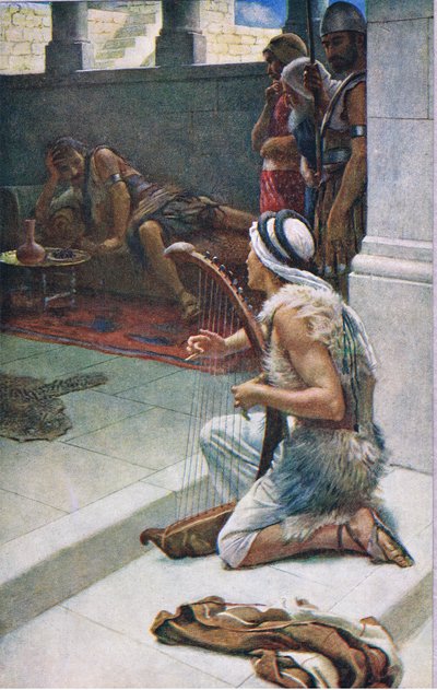 David tocando ante Saúl, ilustración de Pictures That Teach The Crown Series, 1920 de Harold Copping