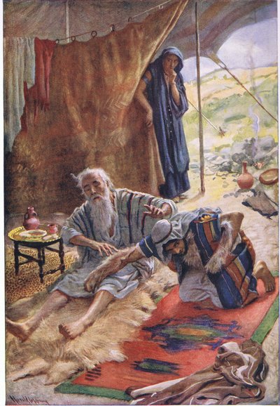 Isaac bendiciendo a su hijo Jacob, ilustración de Imágenes que Enseñan La Serie de la Corona, 1920 de Harold Copping