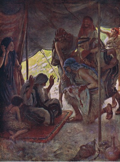 El abrigo de José llevado a Jacob, ilustración de Pictures That Teach The Crown Series, 1920 de Harold Copping