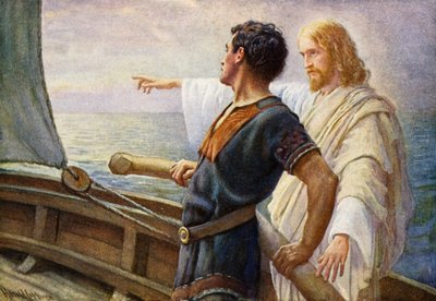 Amanecer de la vida, Cristo al timón (litografia en color) de Harold Copping