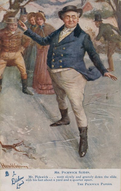 El Sr. Pickwick deslizándose sobre el hielo, escena de la novela de Charles Dickens Los Papeles Póstumos del Club Pickwick de Harold Copping