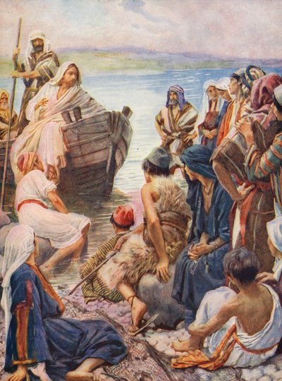 Nuevo Testamento: Junto al lago (litografía en color) de Harold Copping