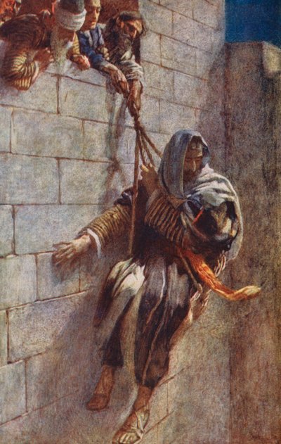Nuevo Testamento: La huida de San Pablo de Damasco (litografía en color) de Harold Copping
